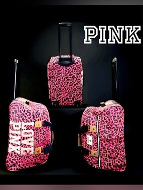 🔥Victoria's Secret✨PINK Leopard/Cheetah Rolling Duffle Bag Suitcase Vintage